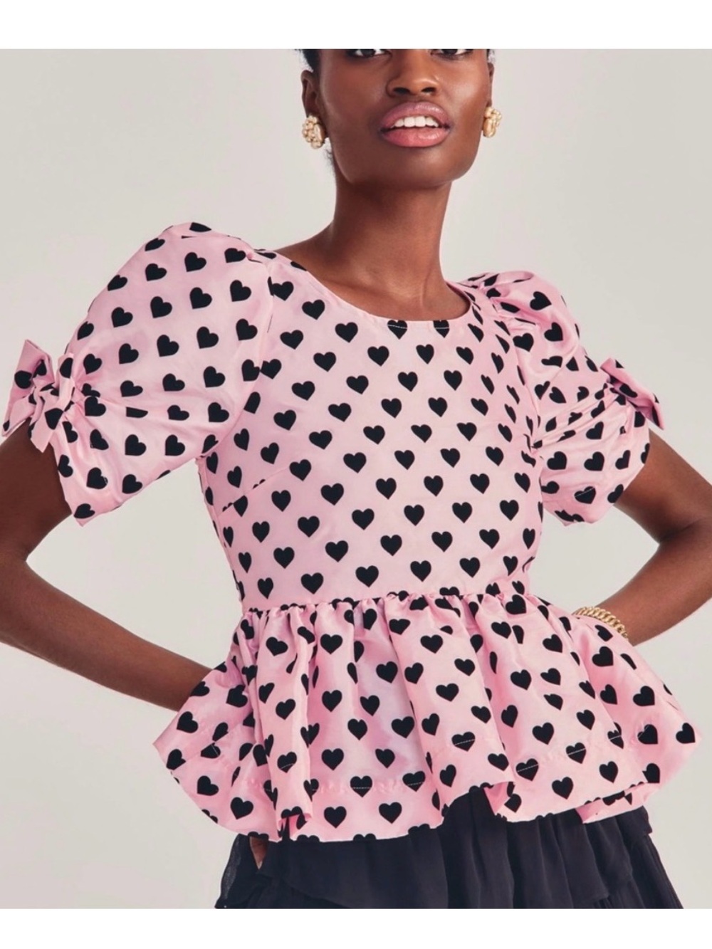 LoveShackFancy Keily Top Pink Black Heart Print Peplum Puff Sleeve Blouse Sz 6 - Picture 7 of 9